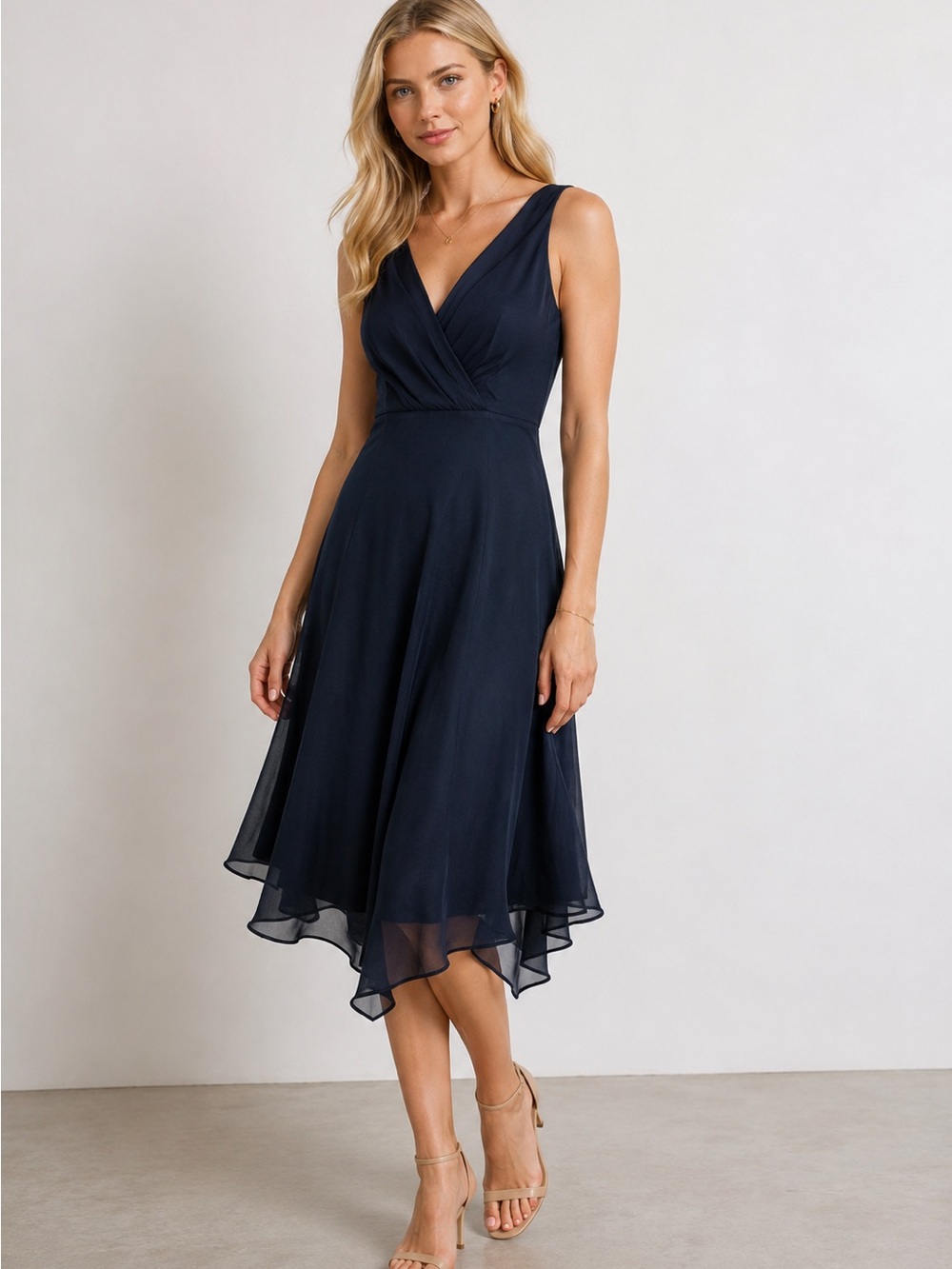 Jcrew 100% silk asymmetric hem V neck navy blue midi dress, size 2 - Picture 12 of 12